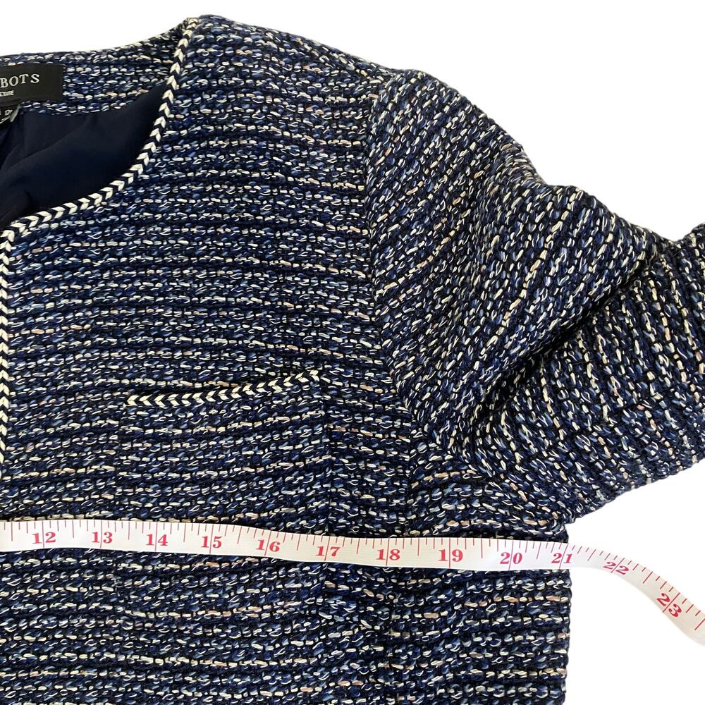 Talbots Sz 12Petite Airy Tweed Woven Jacket Open Front Fringe Trim Navy Classic - Picture 10 of 16